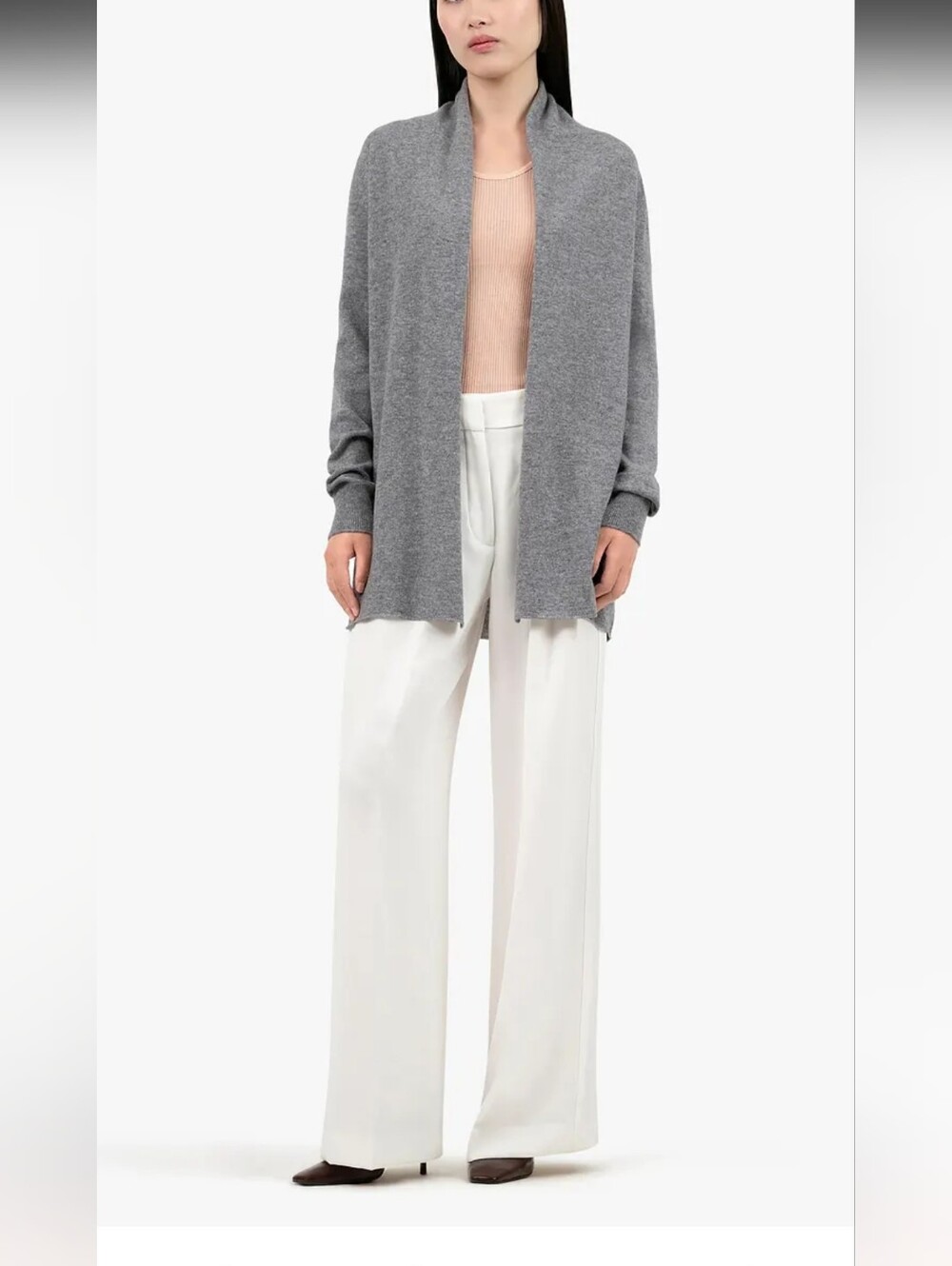 Maison Cashmere Pur Light Gray Open-Front Longline Cardigan Made In Italy Small